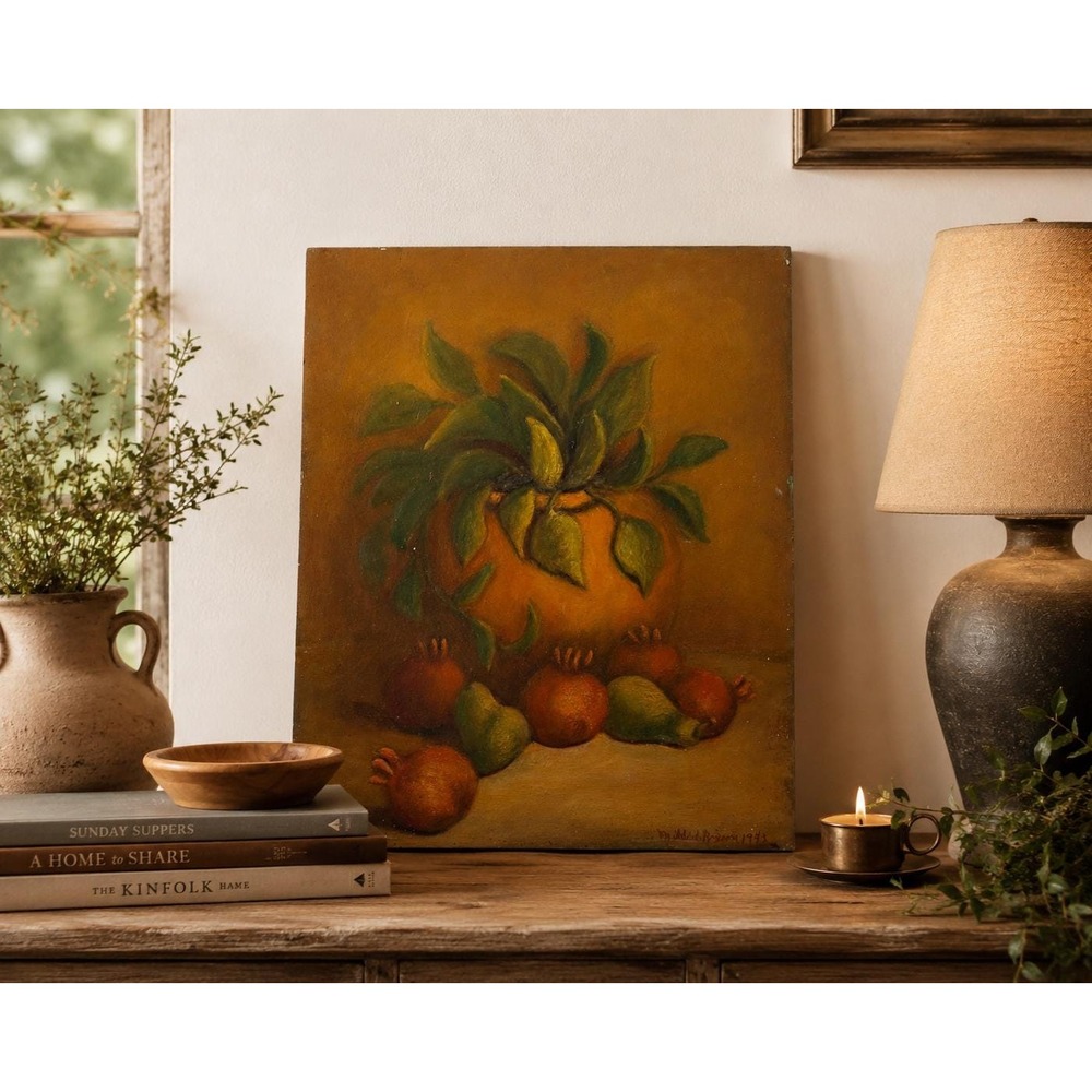 Vintage Signed Oil Painting Still Life Pears Pomegranates 1983